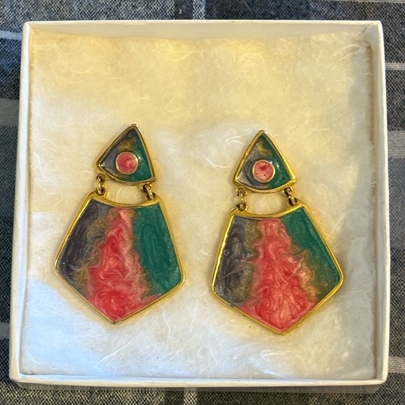 Enameled Gold Tone Earrings Costume Jewelry - Picture 1 of 3